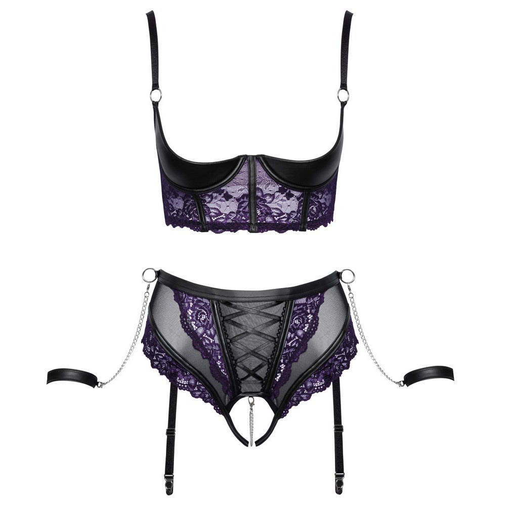 Cottelli Quarter Cup Bra, Suspender Briefs And 2 Handcuffs – Explore Enhanced Intimacy | Discreet UK Shipping