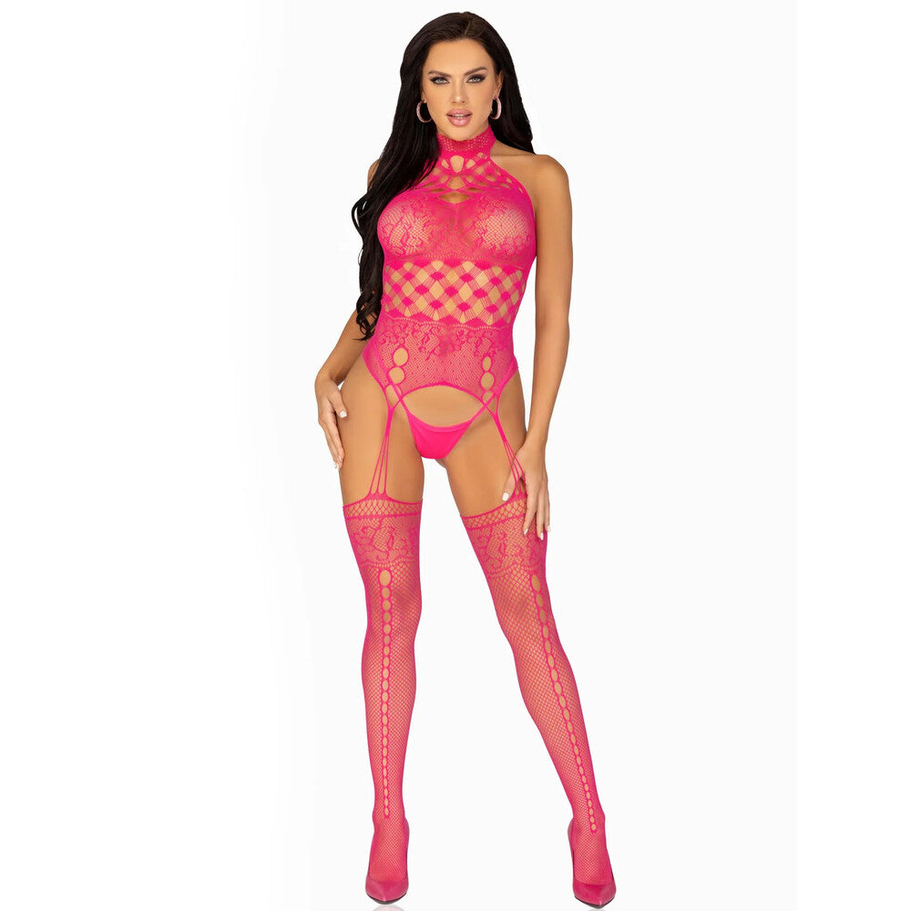 Leg Avenue High Neck Halter Net And Lace Suspender UK 6 to 12 – product image for adult pleasure and intimacy