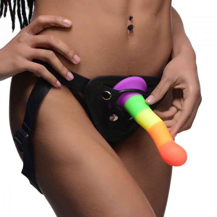 Proud Rainbow Silicone Dildo with Harness – Explore Enhanced Intimacy | Discreet UK Shipping