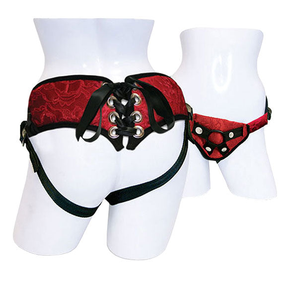 SportSheets Red Lace With Satin Corsette Strap On – product image for adult pleasure and intimacy