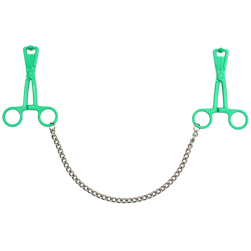 Green Scissor Nipple Clamps With Metal Chain – product image for adult pleasure and intimacy