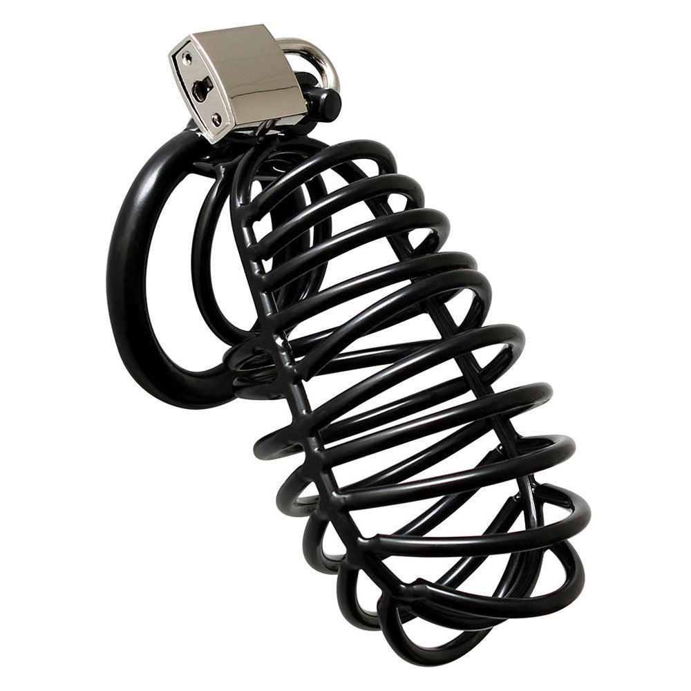 Black Metal Male Chastity Device With Padlock – product image for adult pleasure and intimacy