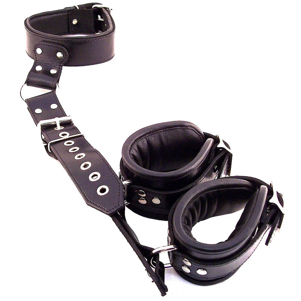 Rouge Garments Black Leather Neck to Wrist Restraints – product image for adult pleasure and intimacy