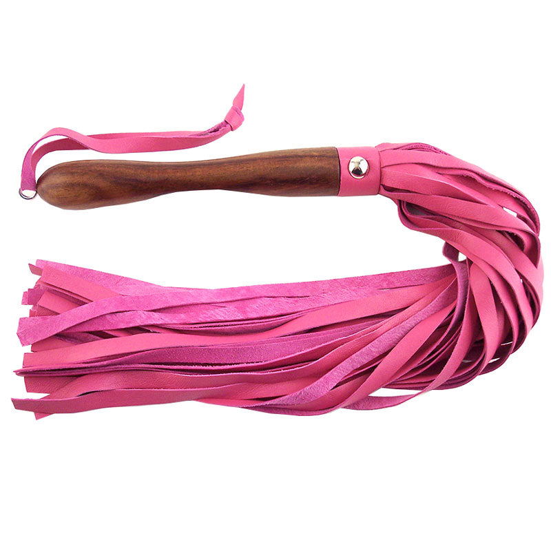 Rouge Garments Wooden Handled Pink Leather Flogger – product image for adult pleasure and intimacy
