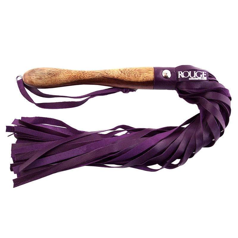 Rouge Garments Wooden Handled Purple Leather Flogger – product image for adult pleasure and intimacy