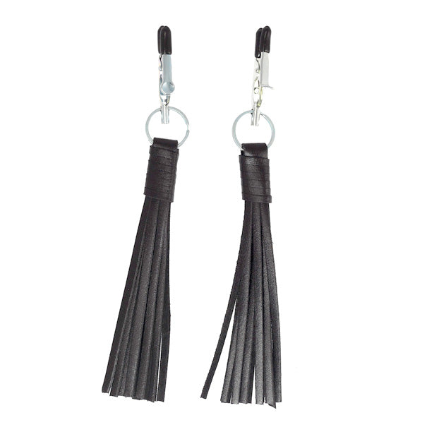 Nipple Clamps With Black Leather Tassels – product image for adult pleasure and intimacy